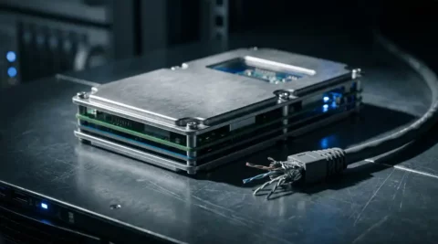 Ruggedized hardware encryptiemodule met blootgesteld metalen behuizing op serverrek, doorgesneden ethernetkabel symboliseert air-gap isolatie.