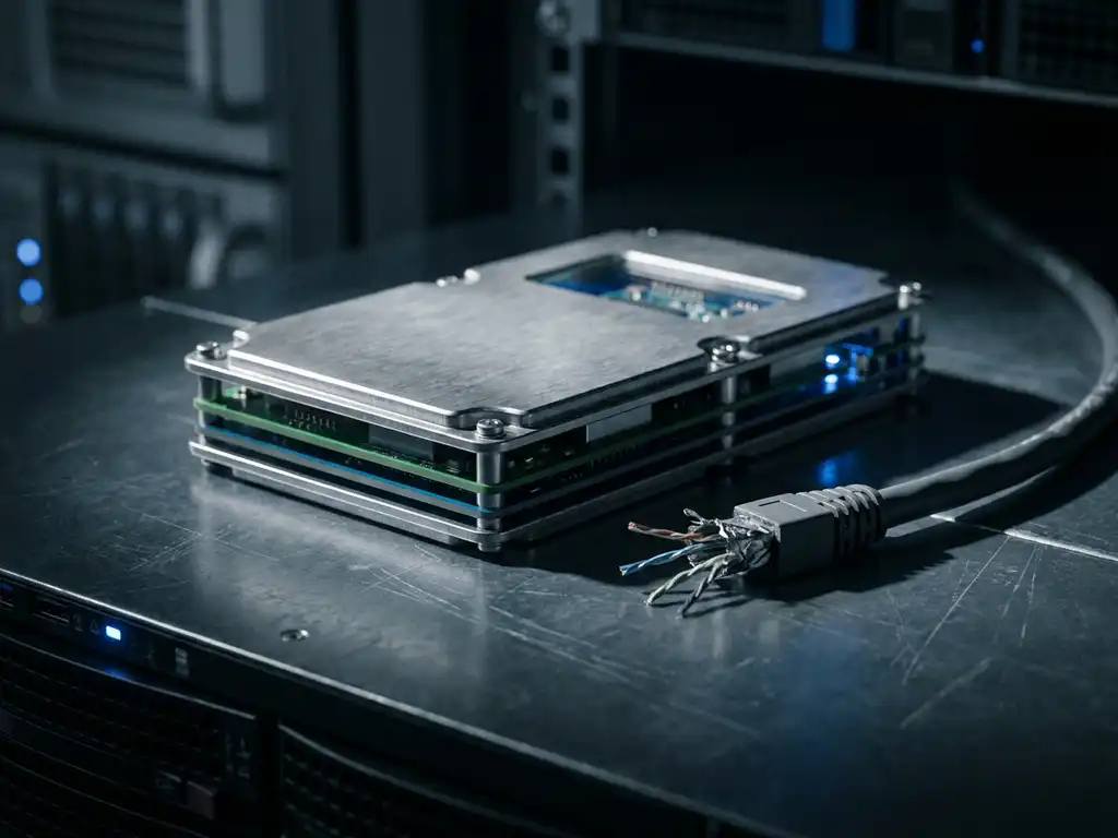 Ruggedized hardware encryptiemodule met blootgesteld metalen behuizing op serverrek, doorgesneden ethernetkabel symboliseert air-gap isolatie.