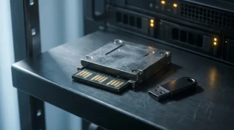 Ruggedized hardware-encryptimodule met metalen behuizing naast een USB-beveiligingssleutel op een donker stalen serverrek.