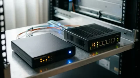 Zwarte hardware-encryptor en compacte netwerkfirewall naast elkaar op metalen serverruimteplank, met gloeiende glasvezelkabels op de achtergrond.