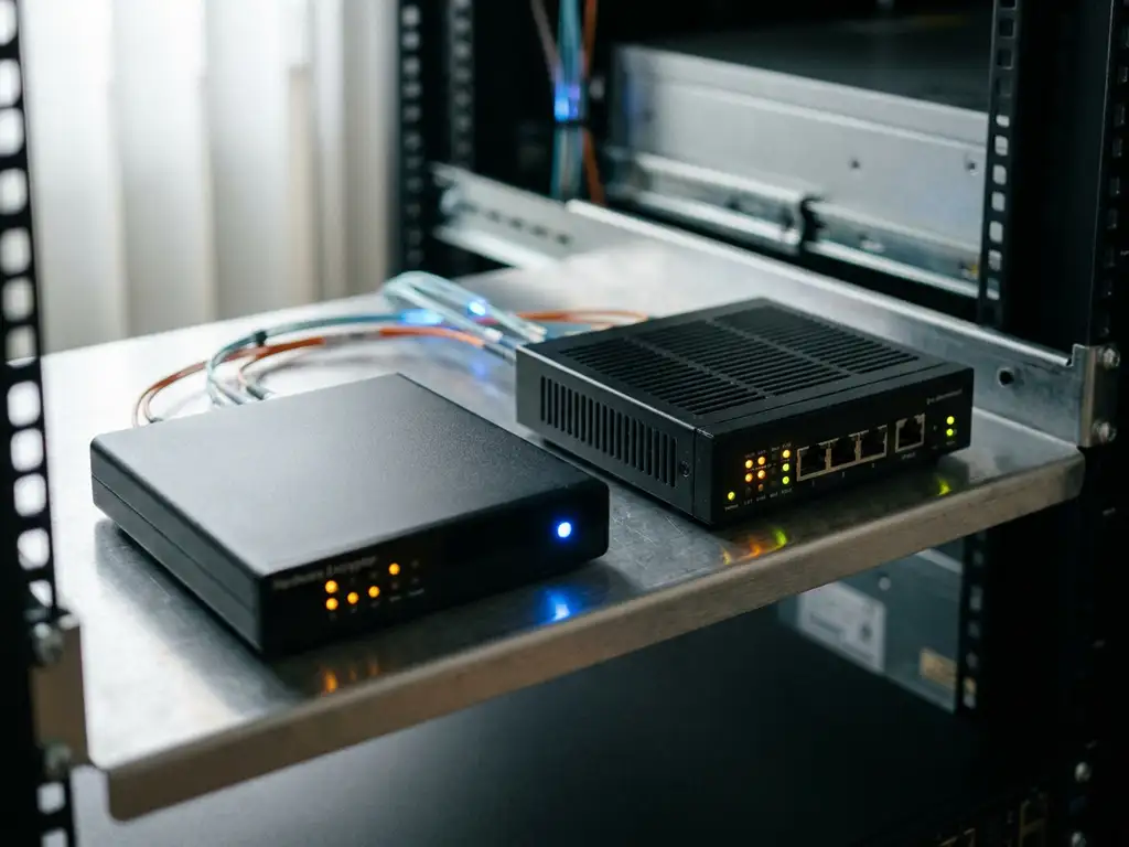 Zwarte hardware-encryptor en compacte netwerkfirewall naast elkaar op metalen serverruimteplank, met gloeiende glasvezelkabels op de achtergrond.
