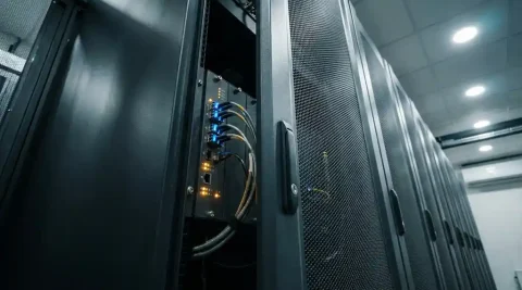 Industriële netwerkswitch met glasvezelkabels in verlichte poorten, gemonteerd in beveiligde serverrack in een datacentergang.