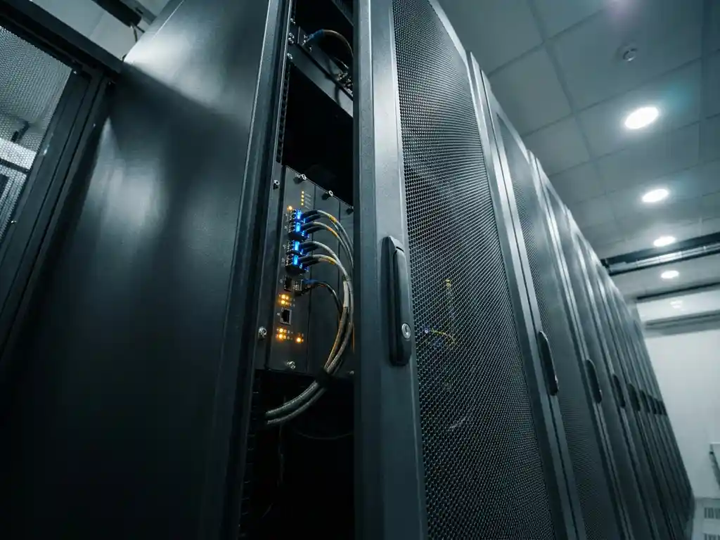 Industriële netwerkswitch met glasvezelkabels in verlichte poorten, gemonteerd in beveiligde serverrack in een datacentergang.