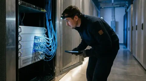 Professional inspecteert kwantumversleutelingsapparaat in serverrack, omgeven door glasvezelkabels met blauw gloed.