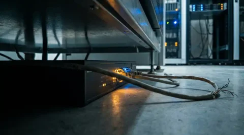 Enterprise netwerkrouter op serverruimtevloer met flikkerende statusindicatoren, loshangende ethernet-kabel en serverracks op achtergrond.