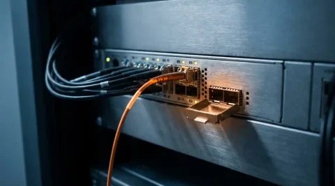 Losgekoppelde oranje glasvezelkabel hangt uit een enterprise netwerkkast, met een kwetsbare open poort zichtbaar in een donkere serverruimte.