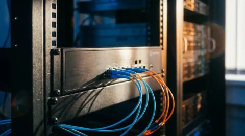 Zwart netwerkkversleutelingsapparaat verbonden via gloeiende glasvezelkabels in een serverrack, met amberkleurig en marineblauw lichtreflecties.