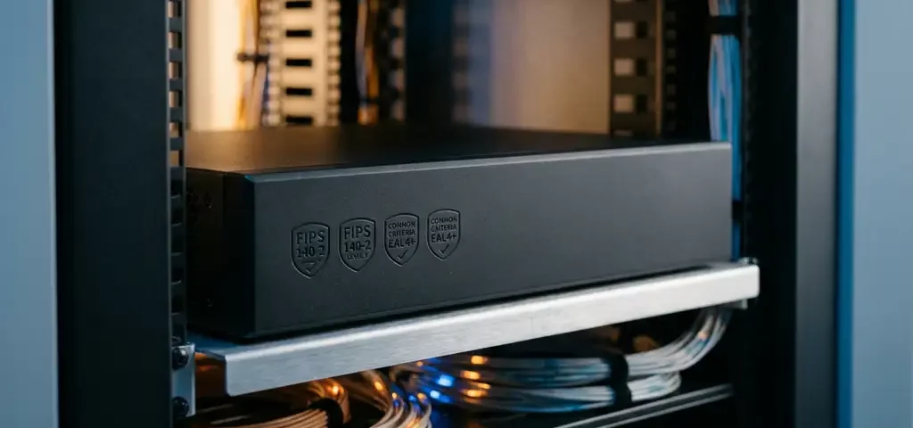 Zwart netwerkapparaat voor gegevensversleuteling op serverrek, omgeven door lichtgevende glasvezelkabels in amberkleurig licht.