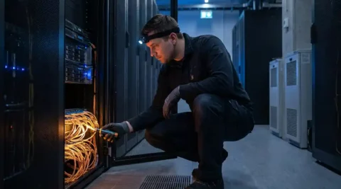 Netwerkingenieur inspecteert gloeiende glasvezelkabels in open serverrack in enterprise datacentergang.