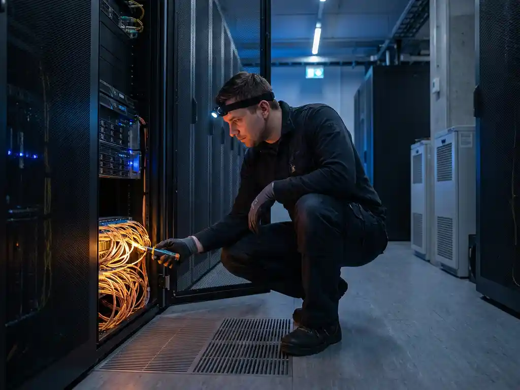 Netwerkingenieur inspecteert gloeiende glasvezelkabels in open serverrack in enterprise datacentergang.