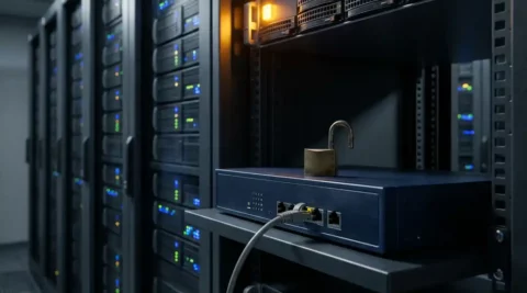 Enterprise netwerkrouter met open hangslot in serverruimte, onbeveiligde ethernetkabel en amber waarschuwingslicht.