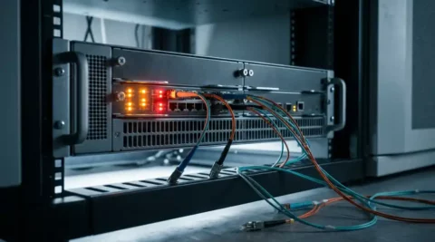 Rack-mounted netwerkrouter met oranje en rode waarschuwings-LED's, loshangende glasvezelkabels in een donkere serverruimte.