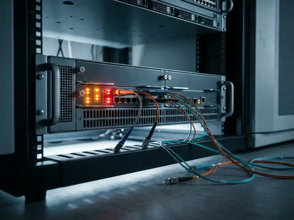 Rack-mounted netwerkrouter met oranje en rode waarschuwings-LED's, loshangende glasvezelkabels in een donkere serverruimte.