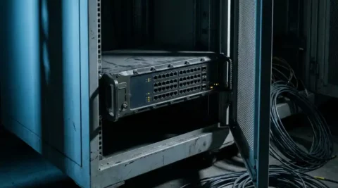 Zware netwerkswitch met lege ethernetpoorten in halfopen serverrack, omgeven door ongebruikte fiberkabels in een donker datacenter.
