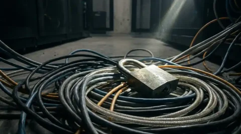 Zwaar hangslot op een wirwar van ethernet- en glasvezelkabels op de vloer van een donkere serverruimte.