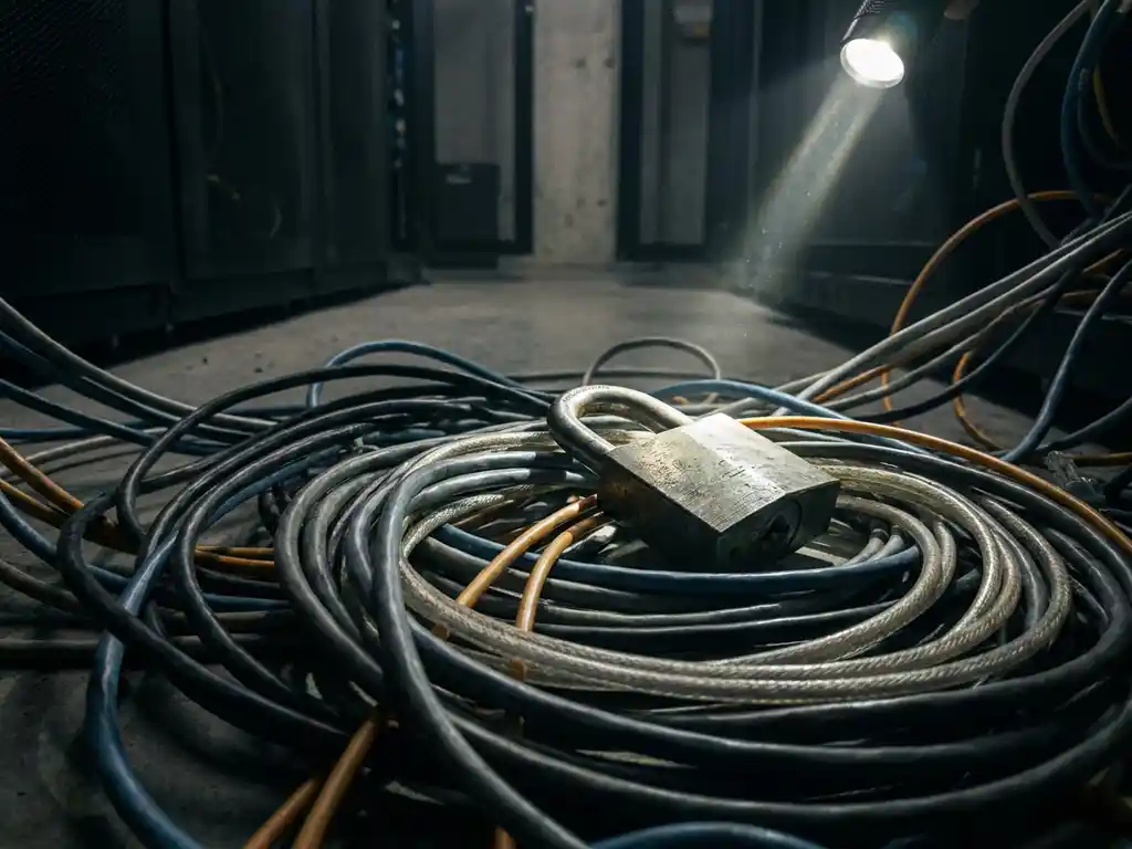 Zwaar hangslot op een wirwar van ethernet- en glasvezelkabels op de vloer van een donkere serverruimte.