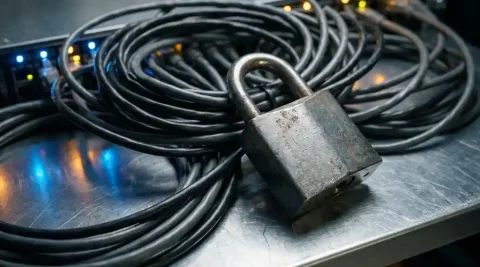 Stalen hangslot op verstrengelde ethernetkabels op een serverrek, symbool voor netwerkbeveiliging.