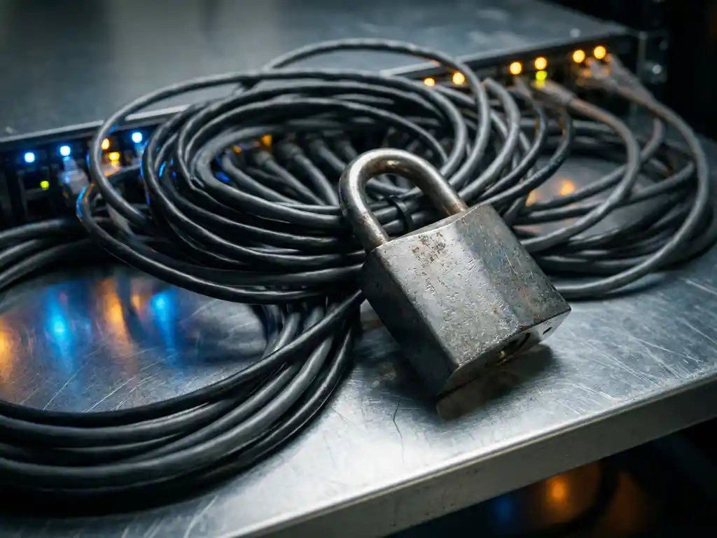 Stalen hangslot op verstrengelde ethernetkabels op een serverrek, symbool voor netwerkbeveiliging.
