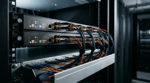 Rack met zwarte netwerkencoders verbonden door gebundelde glasvezelkabels naar een patchpaneel in een professionele serverruimte.