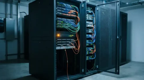 Serverrack met dichte glasvezelkabels en knipperende LED's, één losse kabel bij ontkoppelde poort, verlicht door amber waarschuwingslamp.