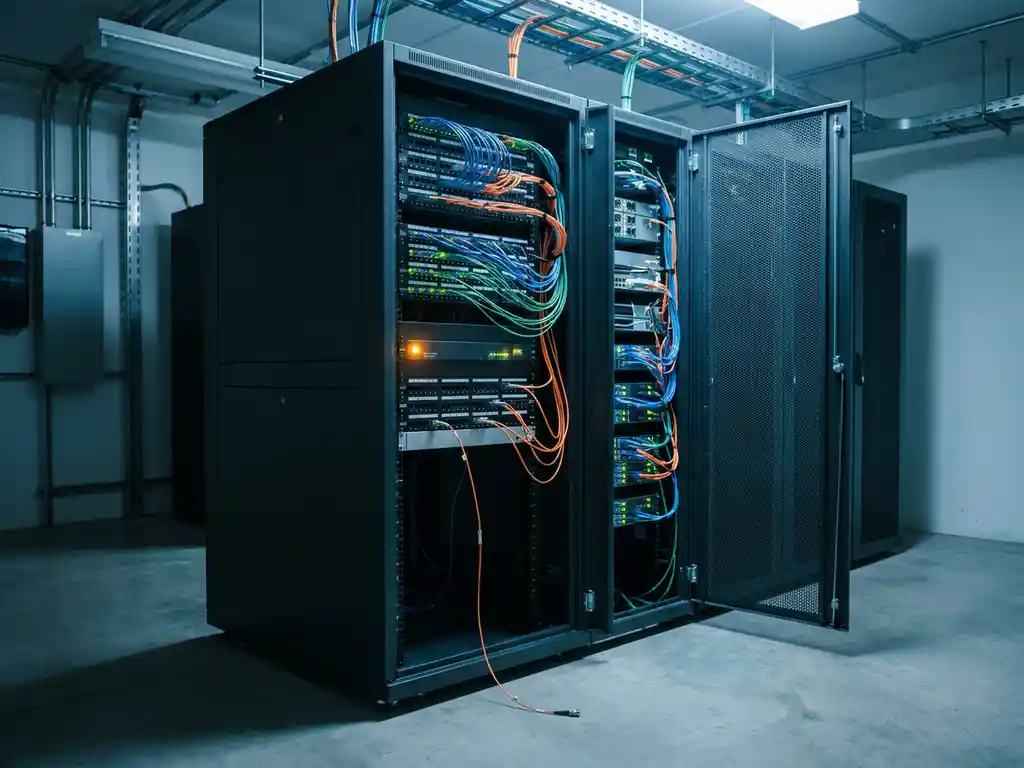 Serverrack met dichte glasvezelkabels en knipperende LED's, één losse kabel bij ontkoppelde poort, verlicht door amber waarschuwingslamp.
