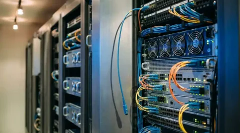 Serverrack met knipperende indicatorlampjes en dichte glasvezelkabels, één losse kabel hangend in een datacenteromgeving.