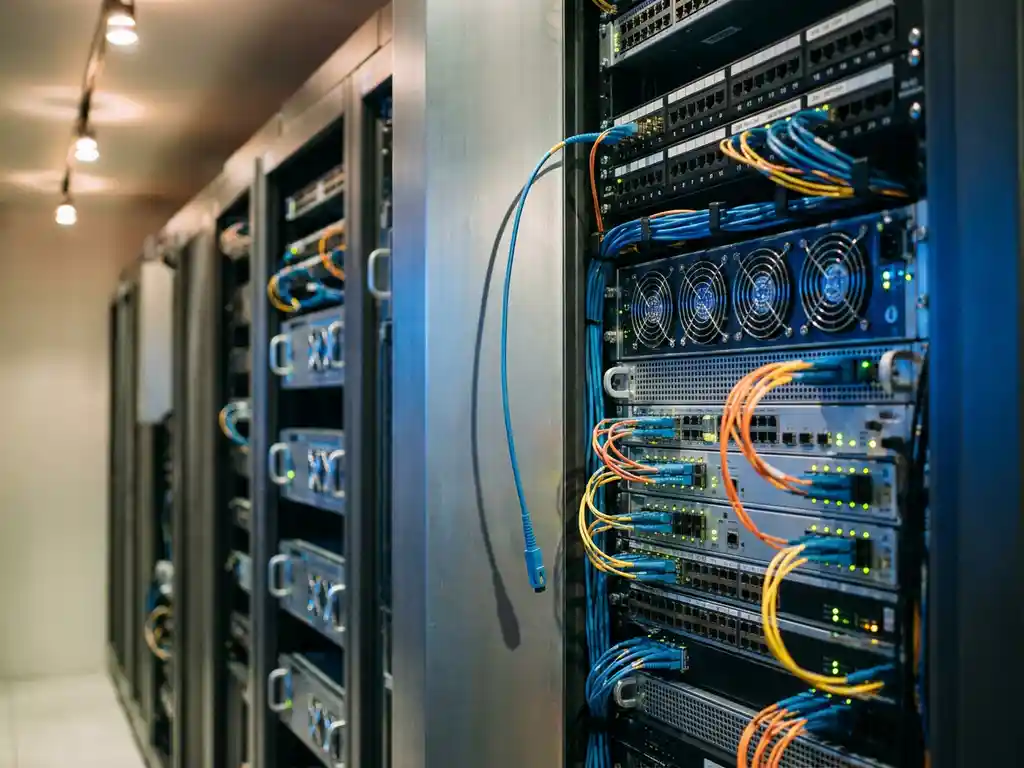 Serverrack met knipperende indicatorlampjes en dichte glasvezelkabels, één losse kabel hangend in een datacenteromgeving.