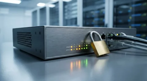 Bedrijfsnetworkrouter op serverruimtebureau met klein hangslot tegen het chassis en knipperende amber- en groene statuslampjes.