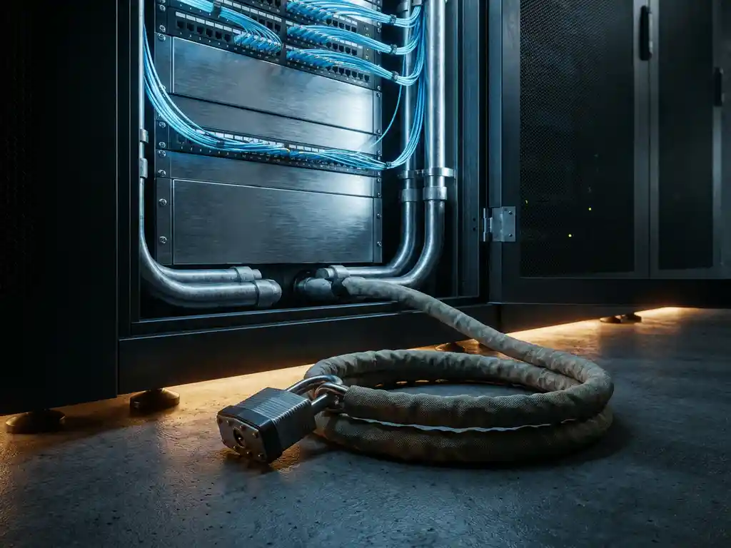 Serverrack met gloeiende glasvezelkabels en hangslot op gepantserde kabel in industrieel datacenter.