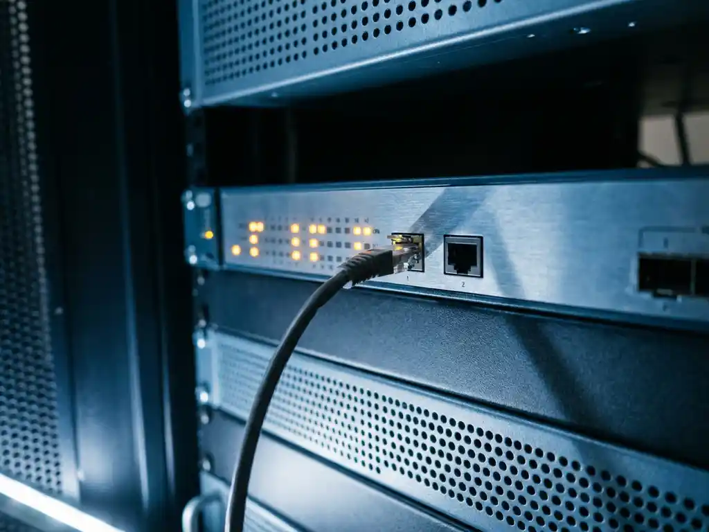 Netwerkswitch met knipperende amber waarschuwingslichten in serverrack, losse ethernetkabel naast lege poort.