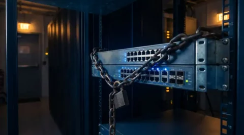 Netwerkswitch in serverrack vastgeketend met stalen ketting en hangslot, blauwe LED-poortindicatoren zichtbaar in donkere serverruimte.