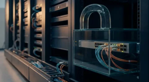 Rack-mounted netwerkswitch met knipperende LED-statusindicatoren, omsloten door een glazen hangslot, met glasvezelkabels in een donkere serverruimte.