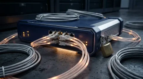 Industriële netwerkswitch met gloeiende glasvezelkabels en hangslot in een donkere serverruimte.