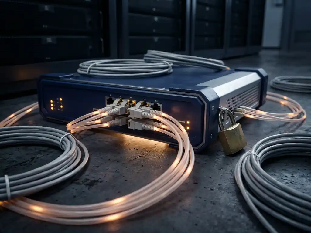 Industriële netwerkswitch met gloeiende glasvezelkabels en hangslot in een donkere serverruimte.