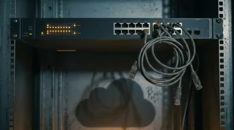 Enterprise netwerkswitch met knipperende amberkleurige waarschuwingslichten en loshangende ethernetkabels in donkere serverruimte.