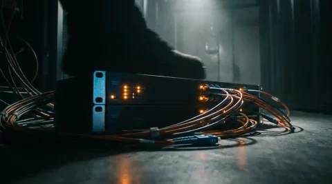Enterprise netwerkswitch met knipperende amberkleurige waarschuwingslichten en verstrengelde glasvezelkabels in donkere serverruimte.