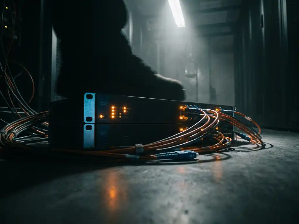 Enterprise netwerkswitch met knipperende amberkleurige waarschuwingslichten en verstrengelde glasvezelkabels in donkere serverruimte.