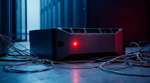 Enterprise netwerkrouter met rood waarschuwingslampje op serverroomvloer, omgeven door losgekoppelde glasvezelkabels in blauw omgevingslicht.