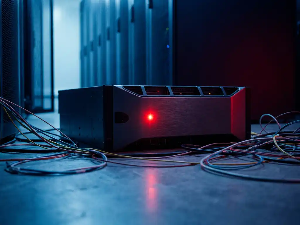 Enterprise netwerkrouter met rood waarschuwingslampje op serverroomvloer, omgeven door losgekoppelde glasvezelkabels in blauw omgevingslicht.