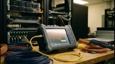 OTDR-testapparaat verbonden met gele glasvezelkabel op werkbank in netwerkkamer, omgeven door nette glasvezel patchkabels.