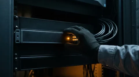 Hand van netwerkingenieur reikt naar serverrack; één apparaat gloeit amber door out-of-band beheer terwijl omliggende hardware offline is.
