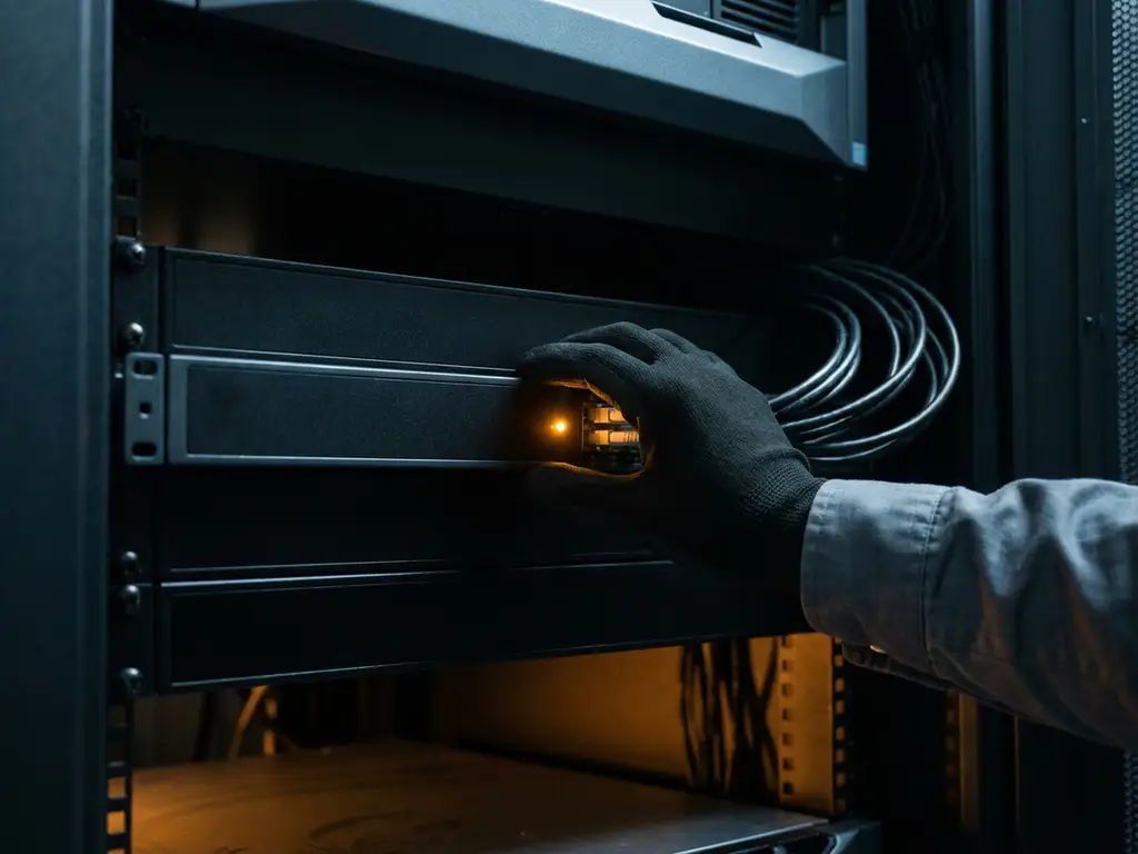 Hand van netwerkingenieur reikt naar serverrack; één apparaat gloeit amber door out-of-band beheer terwijl omliggende hardware offline is.