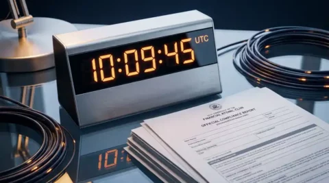 Precisie-atoomklok naast officiële financiële nalevingsdocumenten op glazen bureau met glasvezelkabels, studio-verlichting.