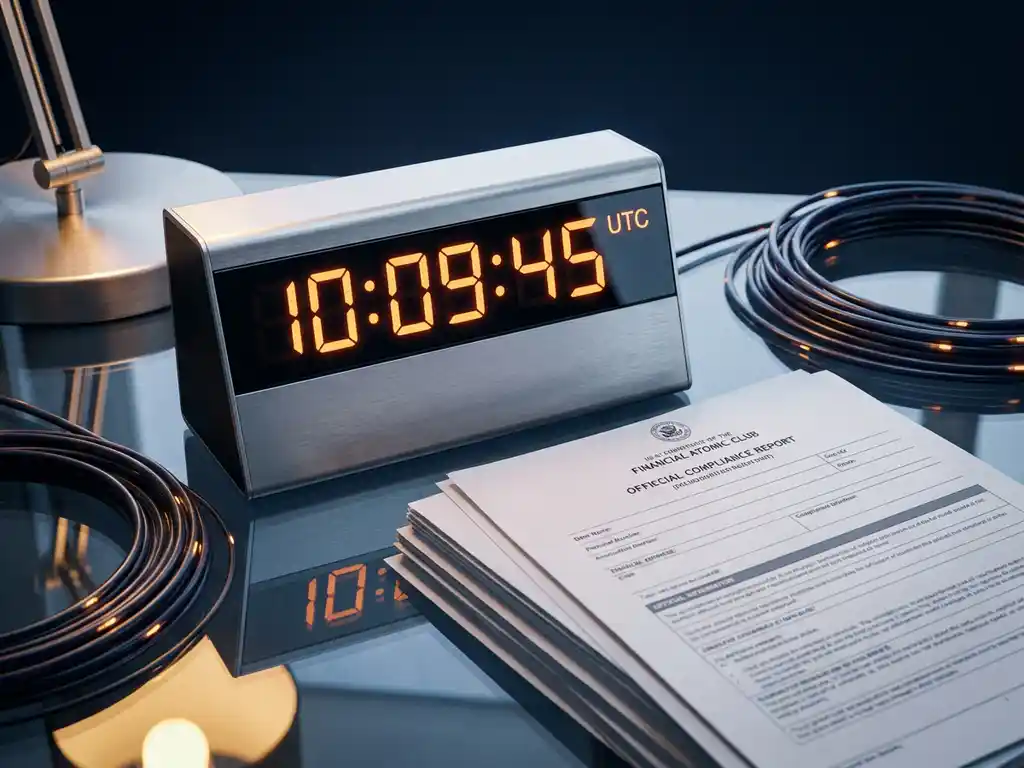 Precisie-atoomklok naast officiële financiële nalevingsdocumenten op glazen bureau met glasvezelkabels, studio-verlichting.