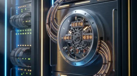 Precisie-atoomklok in serverrack omgeven door glasvezelkabels met gloeiend amber licht in een datacenteromgeving.