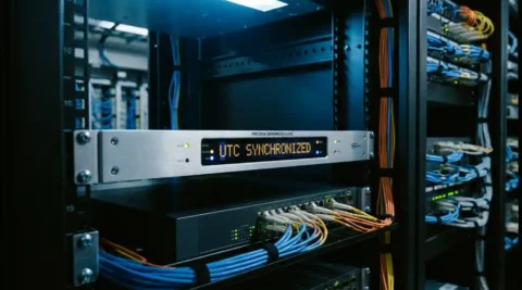 Precisie grandmaster klok in serverrack omringd door glasvezelkabels, met synchronisatie-indicatoren op het voorpaneel in een datacenter.