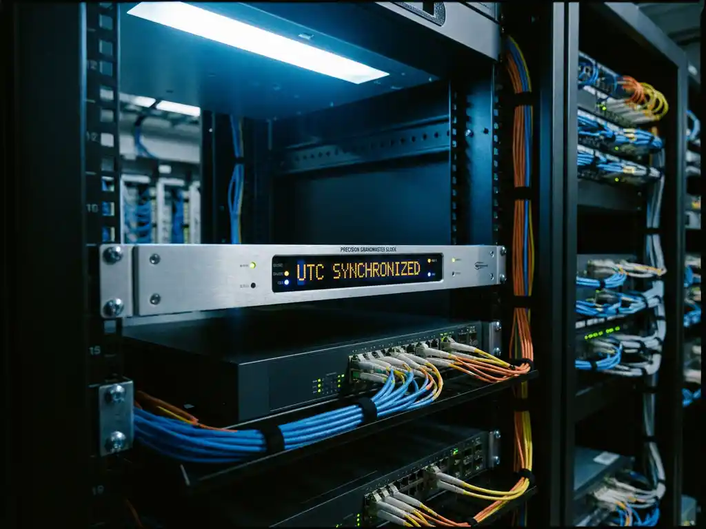 Precisie grandmaster klok in serverrack omringd door glasvezelkabels, met synchronisatie-indicatoren op het voorpaneel in een datacenter.