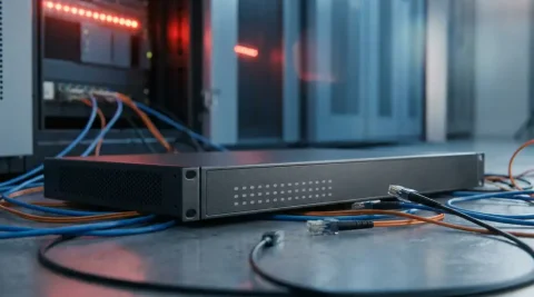 Enterprise router met donkere statusindicatoren op serverroomvloer, omgeven door verstrengelde glasvezelkabels in rood noodlicht.