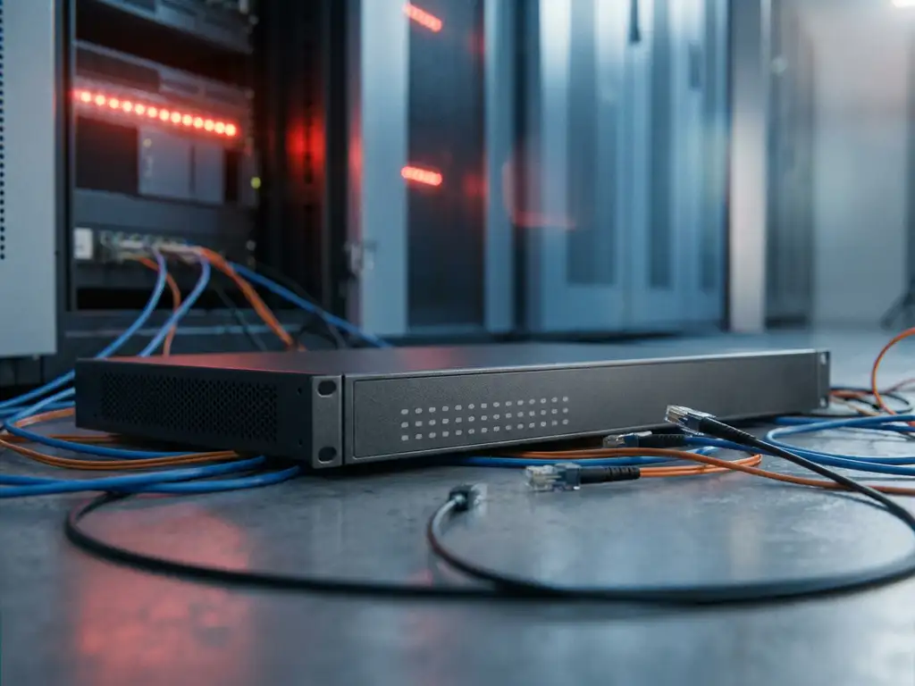 Enterprise router met donkere statusindicatoren op serverroomvloer, omgeven door verstrengelde glasvezelkabels in rood noodlicht.