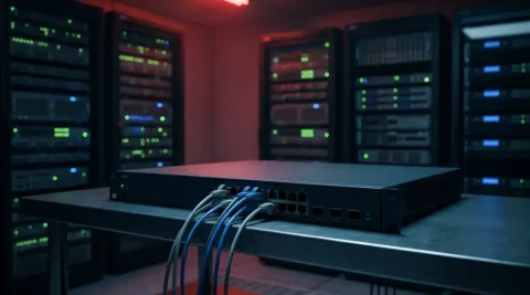 Uitgeschakelde netwerkrouter op serverruimtebureau met losse ethernetkabels, verlicht door rood noodlicht.